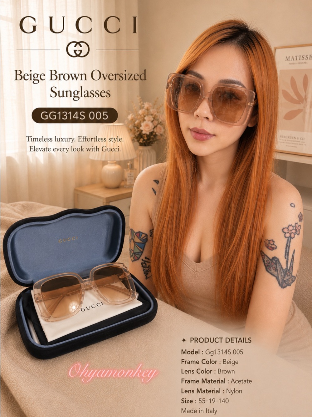 Gucci Beige and Brown Oversized Square Sunglasses